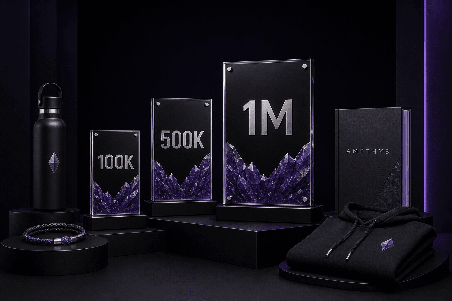 Coleção Amethys Awards com pulseira, garrafa, placas, livro e blusa